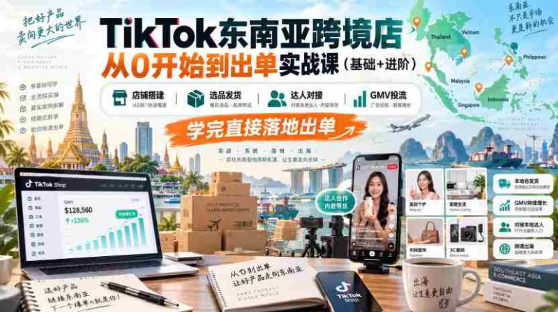 TikTok东南亚跨境店从0开始到出单实战课(基础+进阶),店铺搭建、选品发货、达人对接、GMV投流,学完直接落地出单-一起发