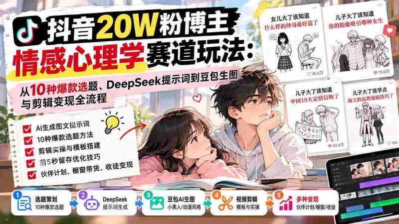 揭秘抖音20万粉丝大V的情感心理领域攻略:精选10大热门选题,深度解析DeepSeek关键词,豆包生图与剪辑技巧,全方位变现攻略一网打尽-一起发