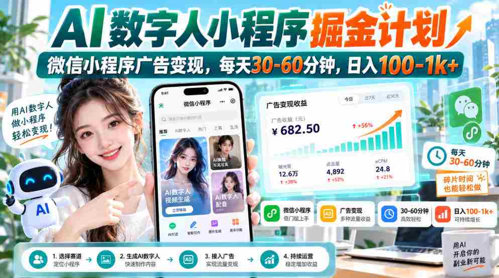 【无水印】AI数字人小程序掘金计划,微信小程序广告变现,每天30‑60分钟,日入100‑1k+