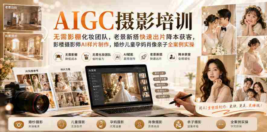 AIGC摄影培训|无需影棚化妆团队,老景新搭快速出片降本获客,影楼摄影师AI样片制作,婚纱儿童孕妈肖像亲子全案例实操
