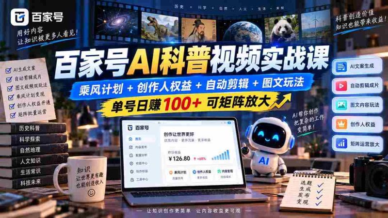 百家号AI科普视频实战课:乘风计划+创作人权益+自动剪辑+图文玩法,单号日赚100+可矩阵放大-一起发