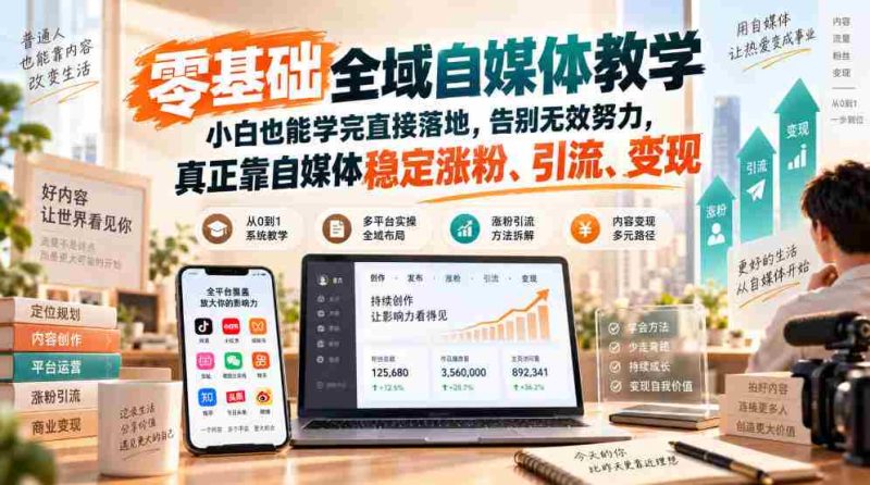 零基础全域自媒体教学,小白也能学完直接落地,告别无效努力,真正靠自媒体稳定涨粉、引流、变现-一起发