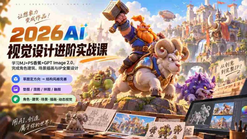 2026AI视觉设计进阶实战课-更新:学习MJ+PS香蕉+GPT Image 2.0,完成角色建筑、场景插画与IP全案设计-一起发