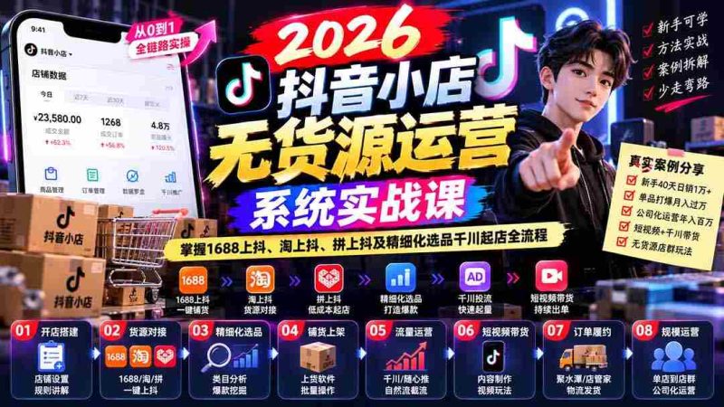 2026抖音店铺无货源运营攻略:全解析1688跨平台抖音营销、淘宝抖音融合、拼多多抖音联动及精准选品与千川开店技巧-一起发