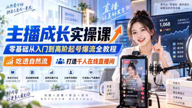 主播成长实操课|零基础从入门到高阶起号爆流全教程,吃透自然流,打造千人在线直播间-一起发