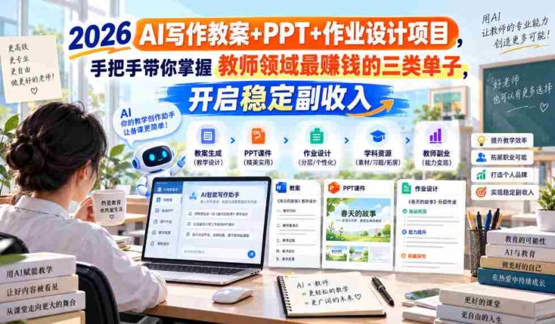 2026 AI写作教案+PPT+作业设计项目,手把手带你掌握教师领域最賺钱的三类单子,开启稳定副收入-一起发
