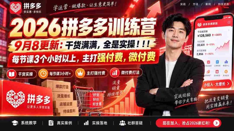 （20338期）2026拼多多训练营9月8更新：干货满满，全是实操！！！每节课3个小时以上，主打强付费，微付费-一起发