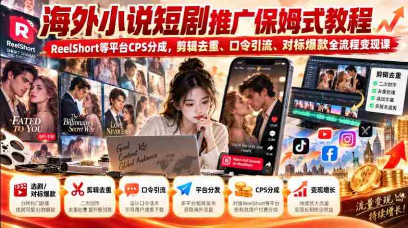 海外轻小说短视频营销指南:ReelShort等平台CPS收益解析,剪辑技巧、关键词引流、爆款对标,全方位变现课程攻略-一起发