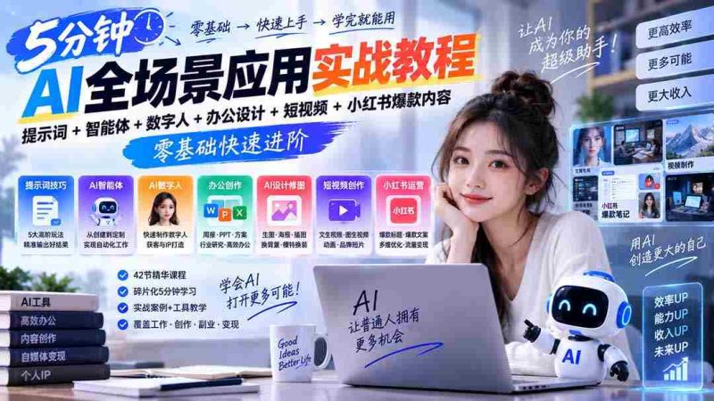 AI全场景应用实战教程|提示词+智能体+数字人+办公设计+短视频+小红书爆款内容,零基础快速进阶-一起发