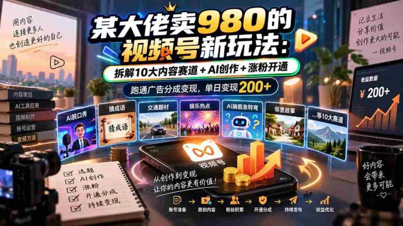 揭秘大佬980元视频号创新玩法:全方位解析内容矩阵+智能AI助力,轻松涨粉增收,广告分成变现每日可达200元-一起发
