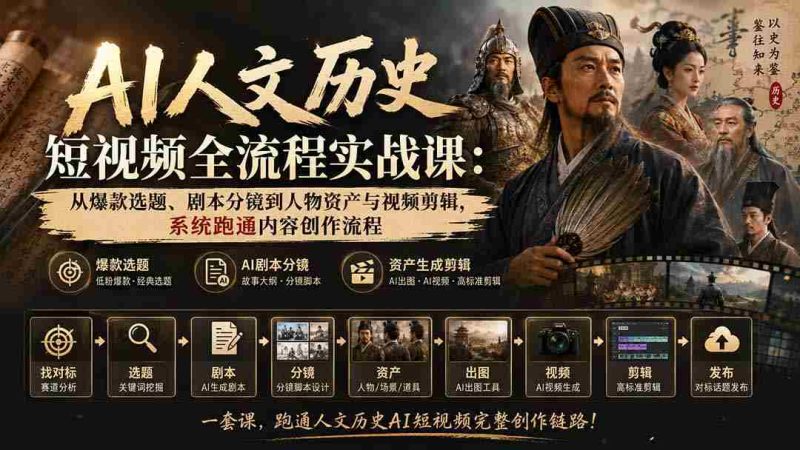 AI人文历史短视频全流程实战课-更新:从爆款选题、剧本分镜到人物资产与视频剪辑,系统跑通内容创作流程-一起发