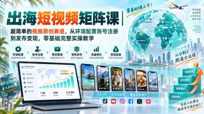 出海短视频矩阵课｜超简单的视频原创赛道，从环境配置账号注册到发布变现，零基础完整实操教学-一起发
