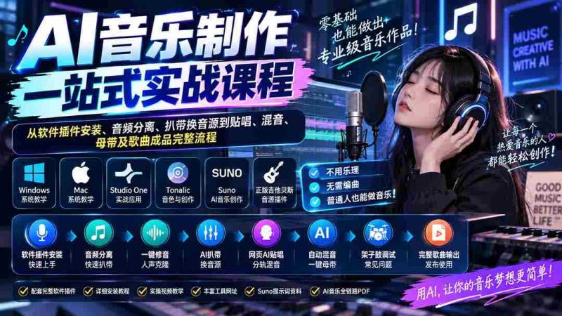 AI音乐制作一站式实战课程:从软件插件安装、音频分离、扒带换音源到贴唱、混音、母带及歌曲成品完整流程-一起发