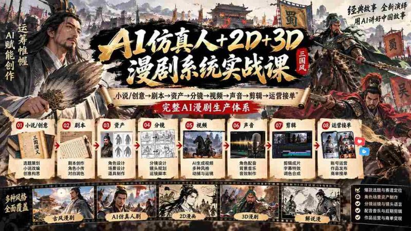 从小说创意到运营接单,AI全链路漫剧制作课程:2D、3D技术融合,打造一站式AI仿真人漫剧制作系统-一起发