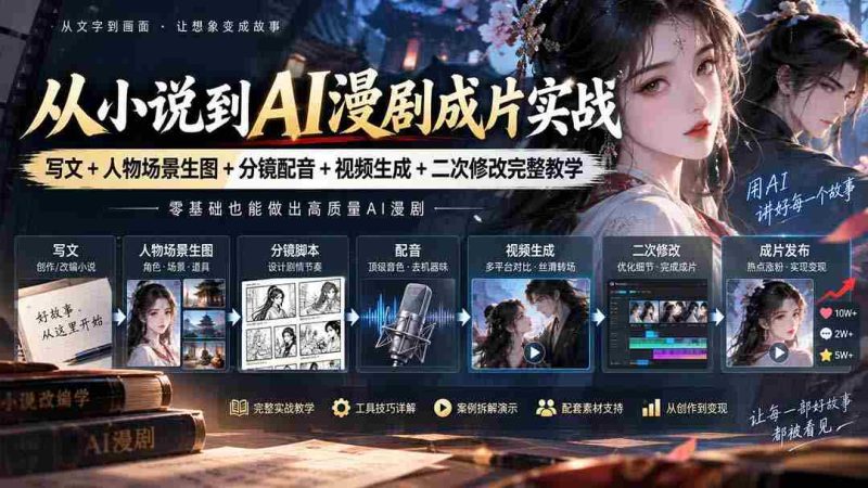 从小说到AI漫剧成片实战：写文+人物场景生图+分镜配音+视频生成+二次修改完整教学-一起发