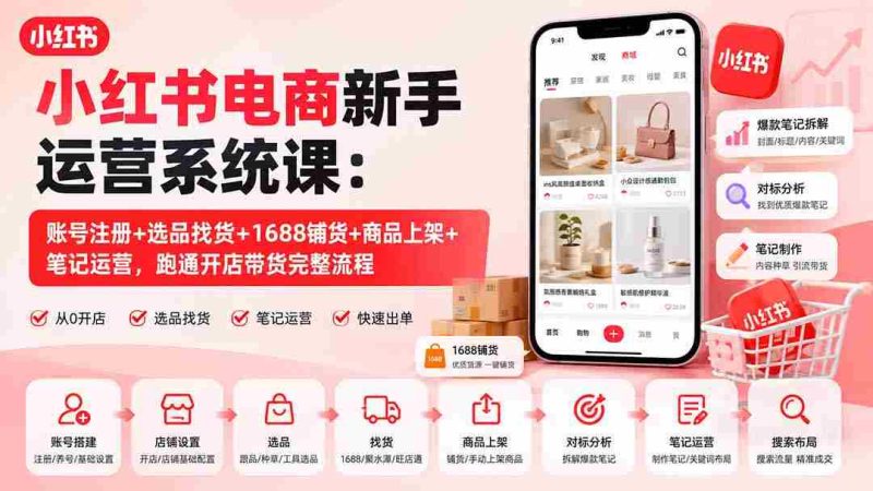 (20219期)小红书电商新手运营系统课:账号注册+选品找货+1688铺货+商品上架+笔记运营,跑通开店带货完整流程-一起发