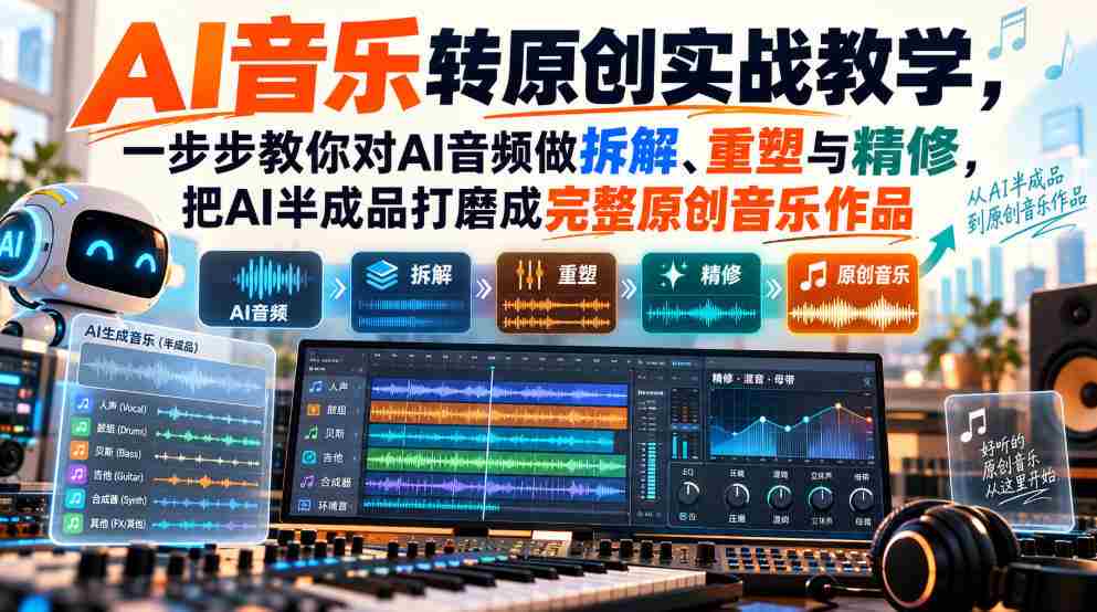 AI音乐转原创实战教学,一步步教你对AI音频做拆解、重塑与精修,把AI半成品打磨成完整原创音乐作品
