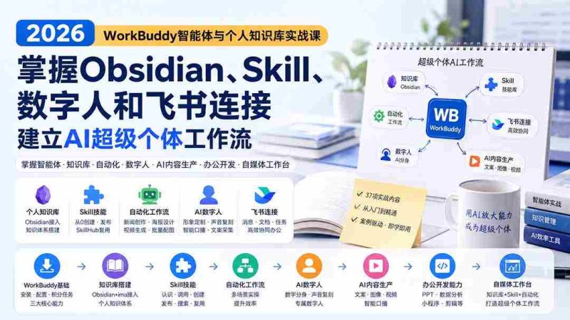 (20169期)2026 WorkBuddy智能体与个人知识库实战课:掌握Obsidian、Skill、数字人和飞书连接,建立AI超级个体工作流-一起发