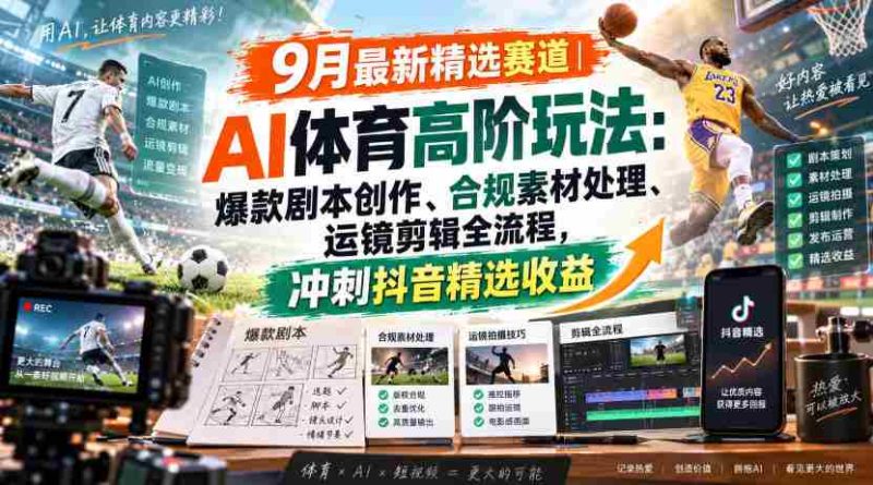 某大佬的9月最新精选赛道之AI体育顶级玩法,爆款剧本创作、版权规避、运镜剪辑全流程,稳拿抖音精选收益-一起发