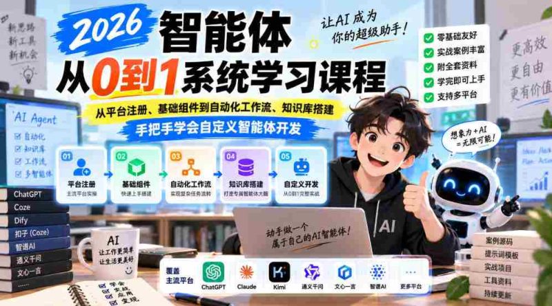 2026年全新智能体编程课程,助你从零基础入门,涵盖平台注册、组件搭建、工作流自动化与知识库构建,一对一指导,轻松掌握智能体定制开发技巧-一起发