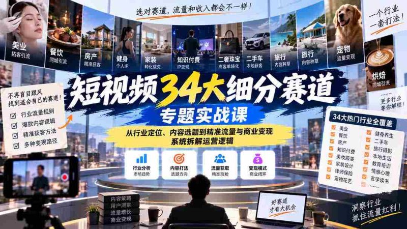 揭秘短视频34个热门领域实战攻略:深入剖析行业定位、内容策划、流量获取与商业转化,全方位解析运营策略-一起发