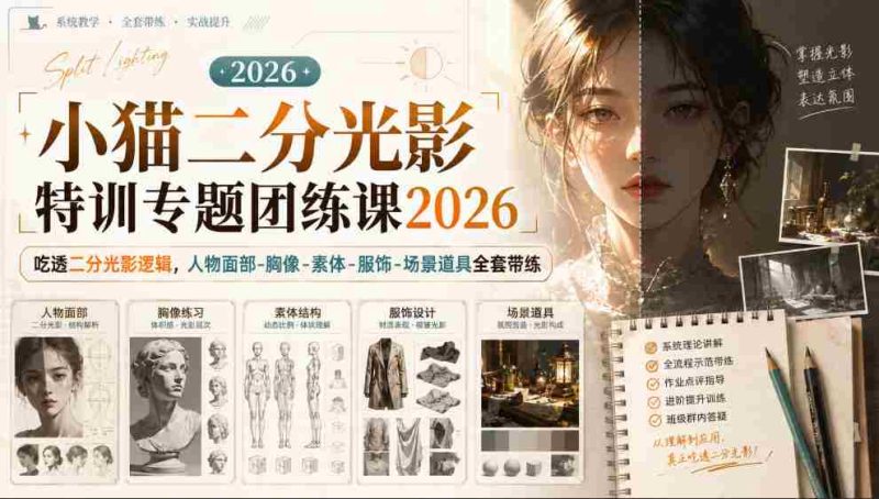 小猫二分光影特训专题团练课2026|吃透二分光影逻辑,人物面部‑胸像‑素体‑服饰‑场景道具全套带练,高清画质附赠课件与笔刷-一起发