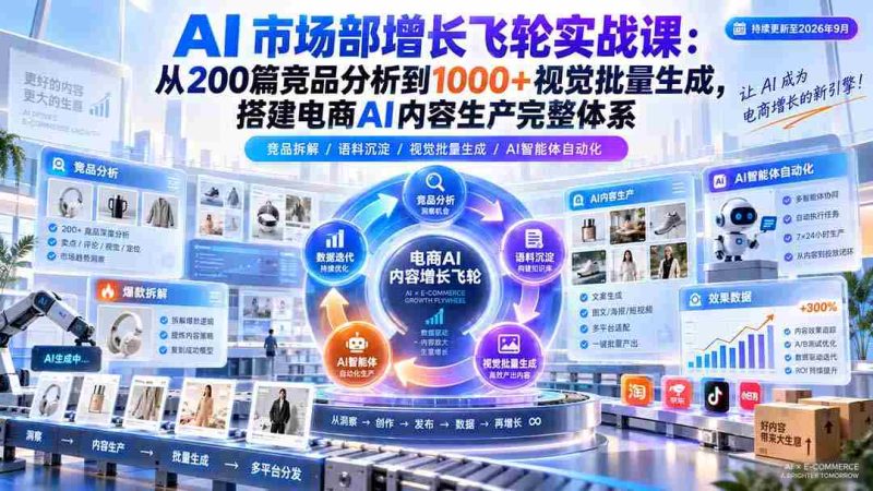 AI 市场部增长飞轮实战课:从200篇竞品分析到1000+视觉批量生成,搭建电商AI内容生产完整体系-一起发