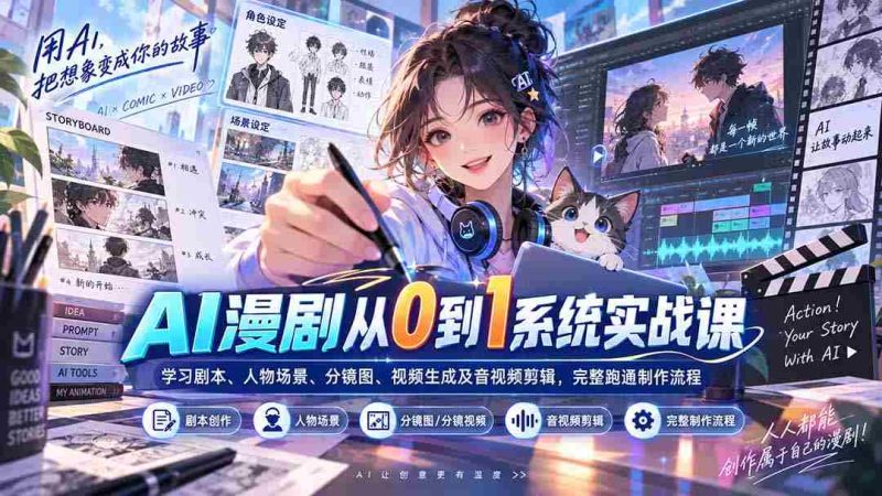 AI漫剧从0到1系统实战课:学习剧本、人物场景、分镜图、视频生成及音视频剪辑,完整跑通制作流程-一起发