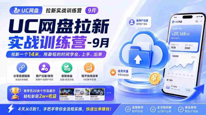 (20334期)UC网盘拉新实战训练营-更新0908,拉新一个14米,用最短的时间学会、上手、出单,有学员20余个作品,轻松斩获2w+收益-一起发
