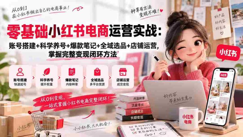 零基础小红书电商运营实战:账号搭建+科学养号+爆款笔记+全域选品+店铺运营,掌握完整变现闭环方法-一起发