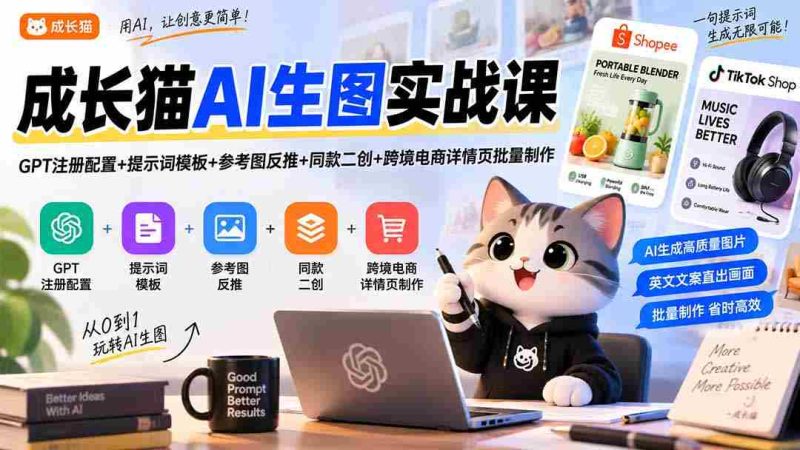 成长猫AI生图实战课｜GPT注册配置+提示词模板+参考图反推+同款二创+跨境电商详情页批量制作-一起发