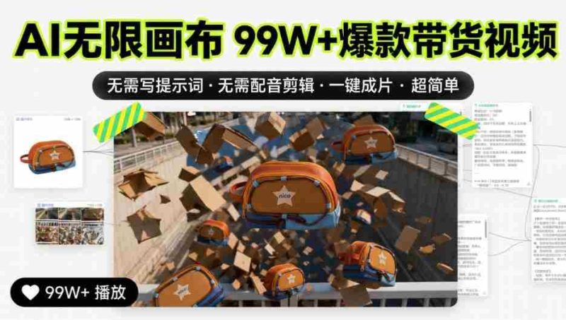 AI无限画布99W+爆款带货视频,无需写提示词·无需配音剪辑·一键成片·超简单-一起发