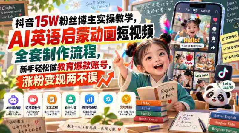 揭秘抖音15万粉丝达人实操攻略:AI英语启蒙动画短视频全流程制作,新手轻松打造教育热门账号,粉丝增长与收益双赢-一起发