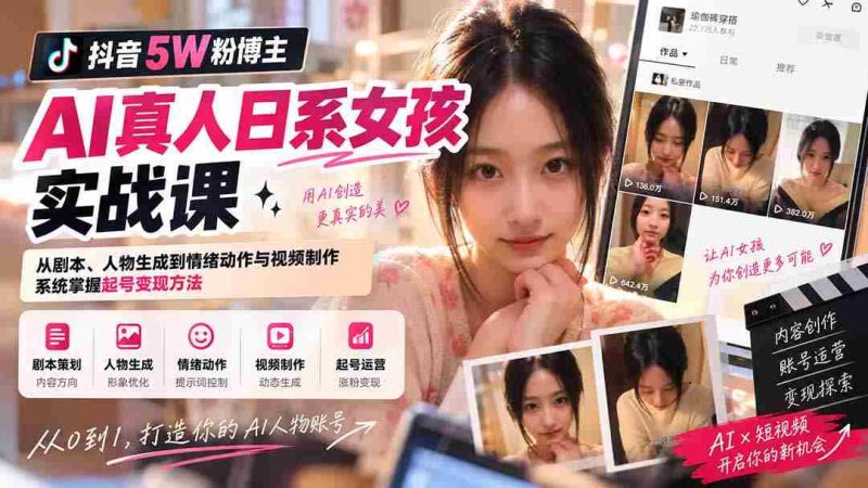 抖音5W粉博主AI真人日系女孩实战课:从剧本、人物生成到情绪动作与视频制作,系统掌握起号变现方法-一起发