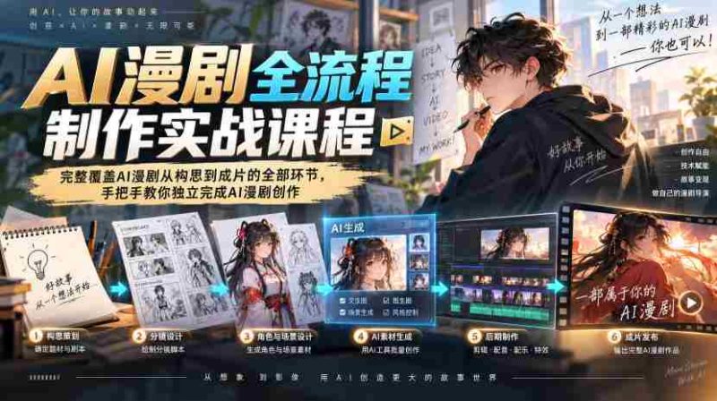 AI漫剧全流程制作实战课程,完整覆盖AI漫剧从构思到成片的全部环节,手把手教你独立完成AI漫剧创作-一起发