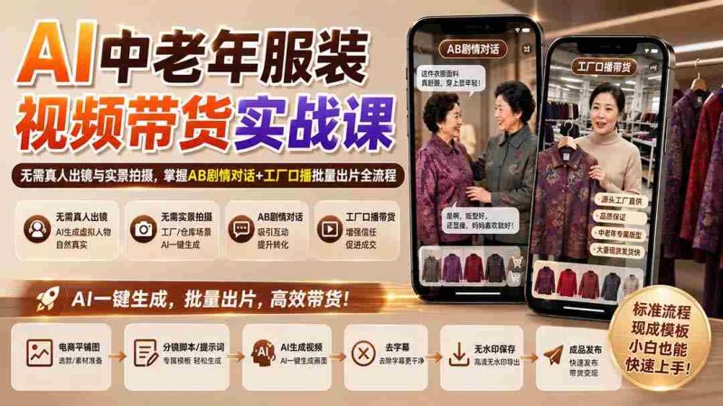 (20198期)AI中老年服装视频带货实战课:无需真人出镜与实景拍摄,掌握AB剧情对话+工厂口播批量出片全流程-一起发