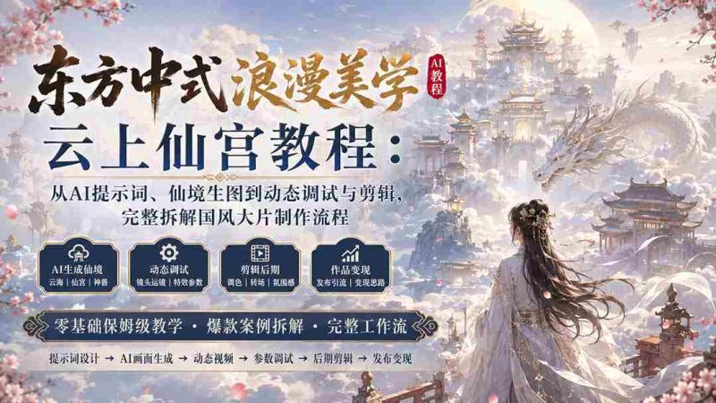 (20147期)东方中式浪漫美学云上仙宫教程:从AI提示词、仙境生图到动态调试与剪辑,完整拆解国风大片制作流程-一起发