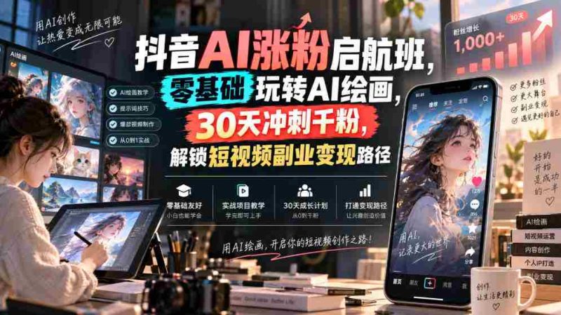 抖音AI涨粉启航班,零基础玩转AI绘画,30天冲刺千粉,解锁短视频副业变现路径-一起发