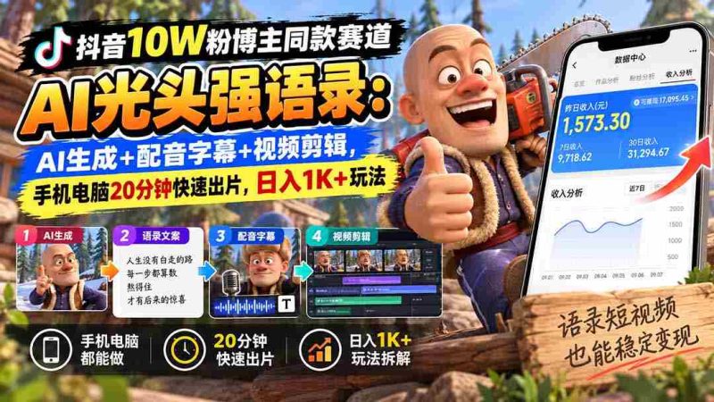 抖音十万粉丝达人热推:AI光头强台词新玩法,智能生成+语音字幕+视频剪辑,仅需手机电脑20分钟,轻松日赚千元-一起发