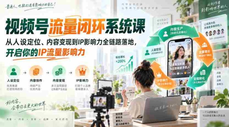 视频号流量闭环系统课,从人设定位、内容变现到IP影响力全链路落地,开启你的IP流量影响力-一起发