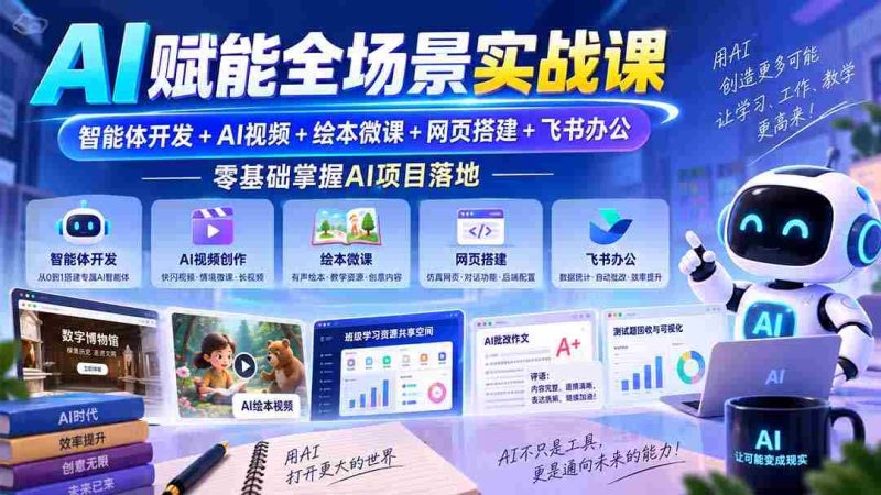 AI赋能全场景实战课|智能体开发+AI视频+绘本微课+网页搭建+飞书办公,零基础掌握AI项目落地-一起发