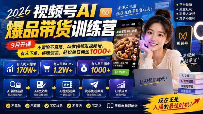 2026年视频号AI爆款带货课程来袭!9月启航,无需露脸直播,AI帮你制作与发布,订单源源不断,佣金日入千余,轻松赚钱!-一起发