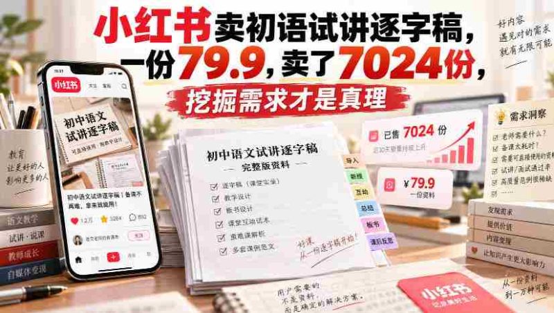 小红书卖初语试讲逐字稿，一份79.9，卖了7024份，挖掘需求才是真理-一起发