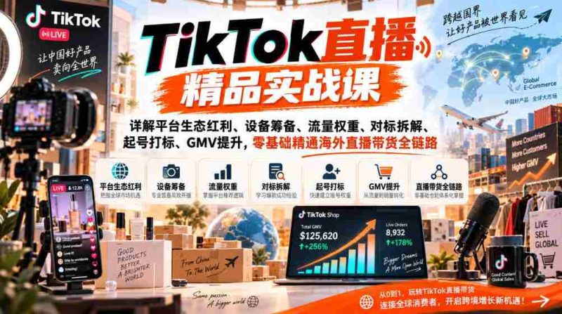 TikTok直播精品实战课,详解平台生态红利、设备筹备、流量权重、对标拆解、起号打标、GMV提升,零基础精通海外直播带货全链路-一起发