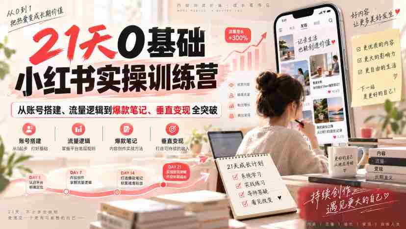 21天0基础小红书实操训练营｜从账号搭建、流量逻辑到爆款笔记、垂直变现全突破-一起发