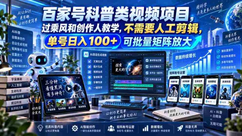 百亿流量科普短视频计划,乘风破浪学创作技巧,零剪辑操作,单账号日赚百元,轻松构建矩阵效应-一起发