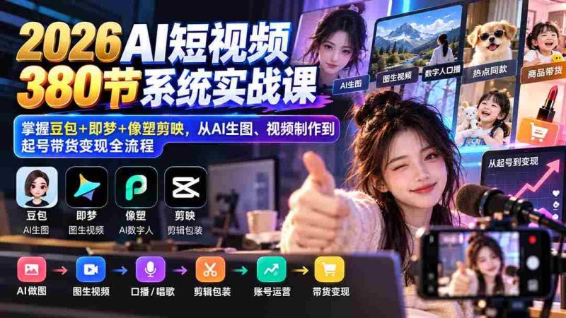高清无码】2026年度AI短视频课程全集:豆包、即梦、像塑剪映一网打尽,AI绘图、视频制作到账号运营、带货盈利一站式教学-一起发
