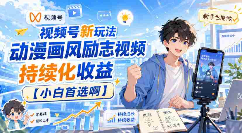 视频号新玩法动漫画风励志视频，持续化收益【小白首选啊】-一起发