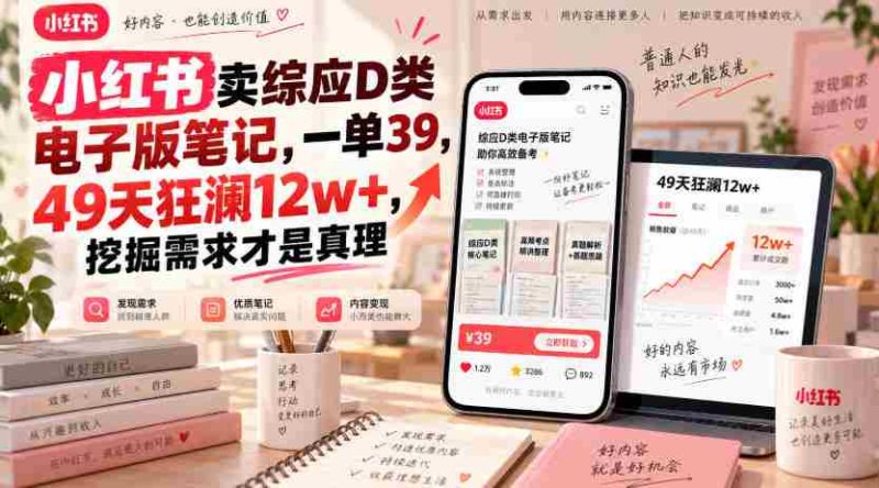 小红书卖综应D类电子版笔记,一单39,49天狂澜12w+,挖掘需求才是真理-一起发