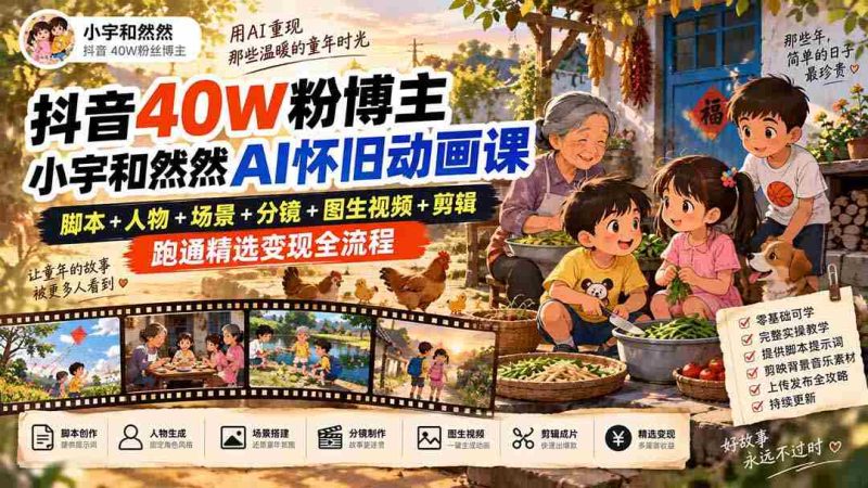 抖音40W粉博主小宇和然然AI怀旧动画课|脚本+人物+场景+分镜+图生视频+剪辑,跑通精选变现全流程-一起发